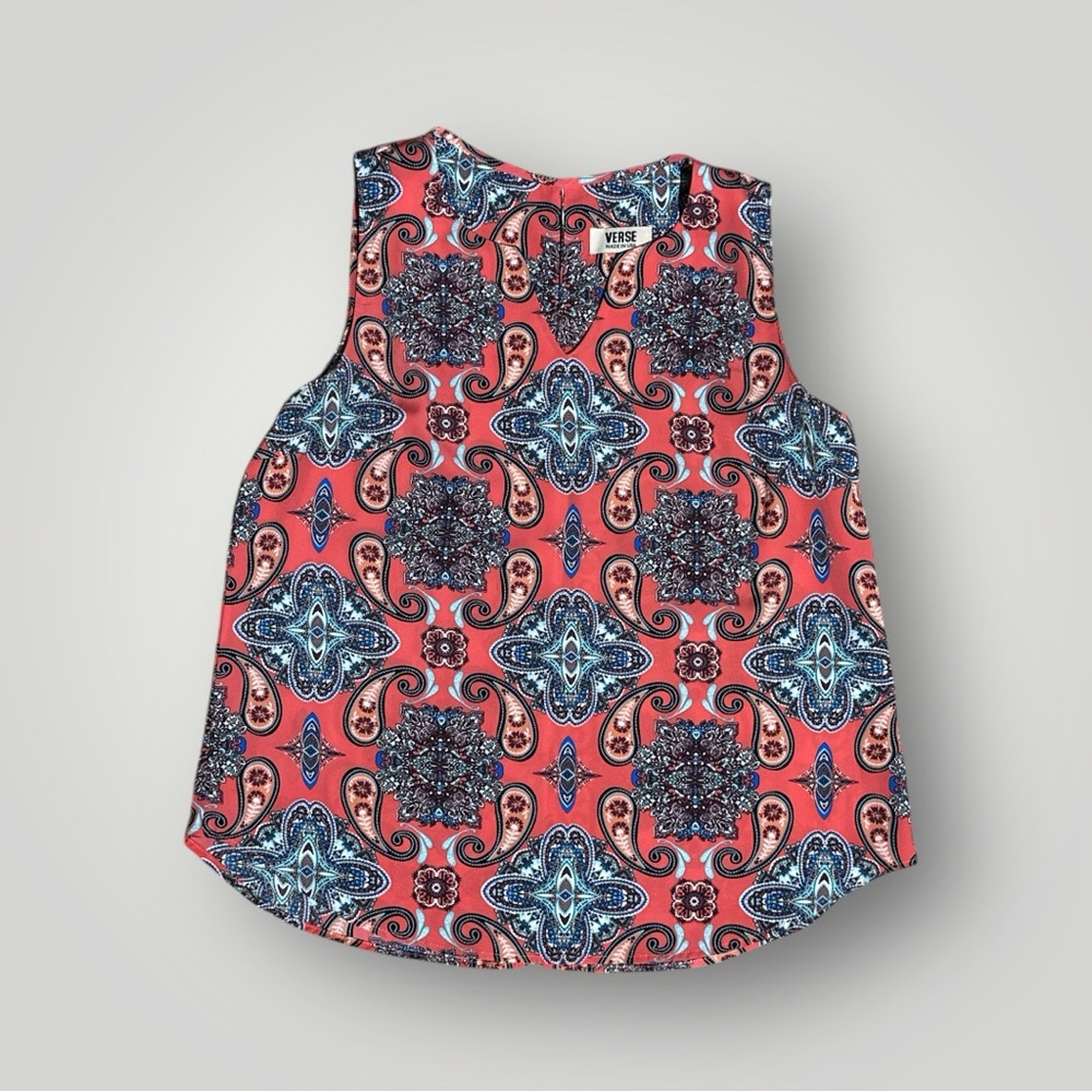 VERSE Women's XL Coral Blue Paisley Sleeveless Pullover Blouse Polyester